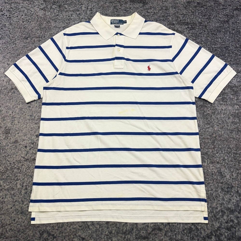 VTG Polo Ralph Lauren Polo Shirt Mens XLT White Blue Striped Small Pony Preppy